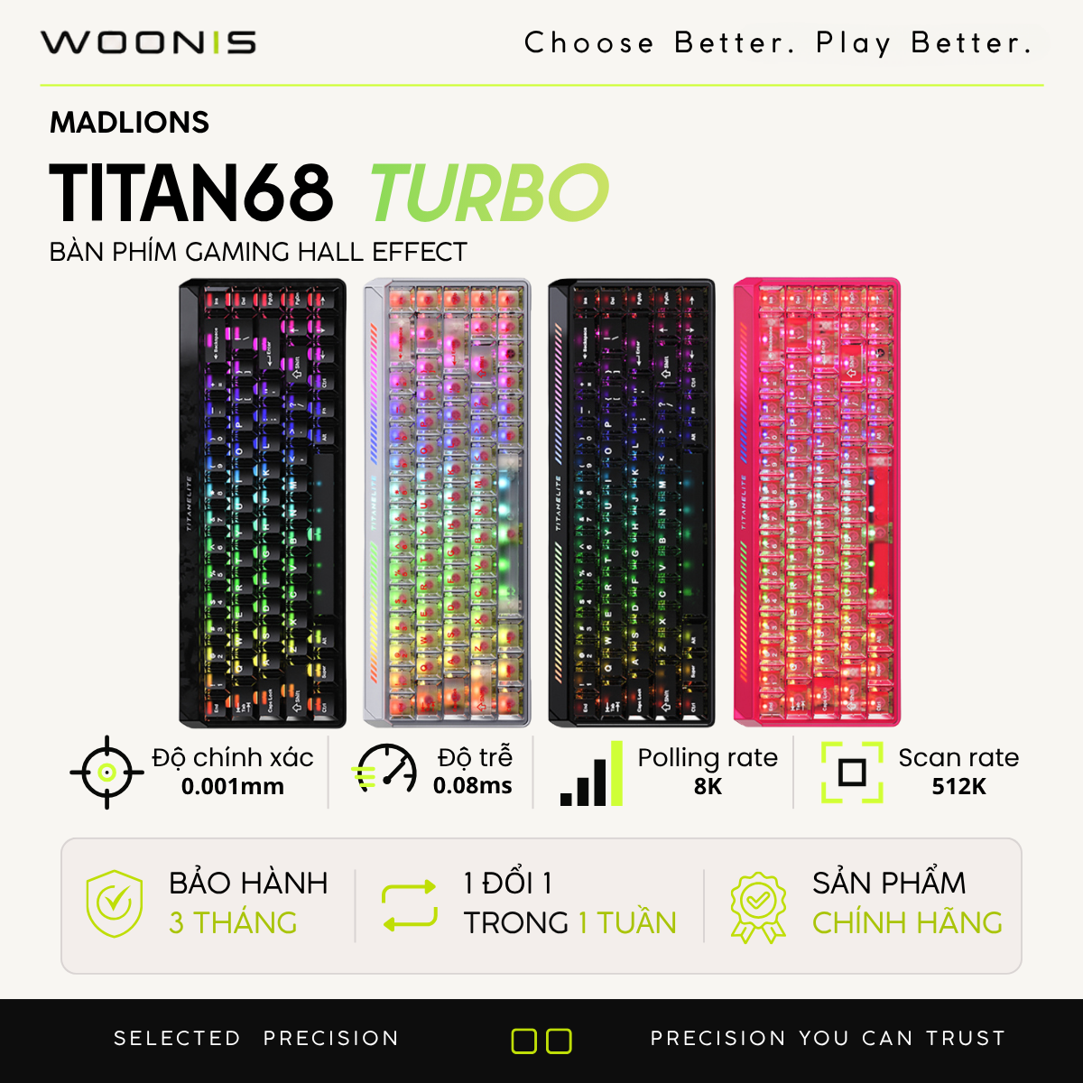 BÀN PHÍM GAMING HE MAD TITAN68 TURBO, Polling Rate 8K, Độ Chính Xác 0.001mm, Scan Rate 512K, Độ Trễ 0.08ms, RGB 16.8 triệu màu, Tốc độ quét phím đơn WASD 4096K