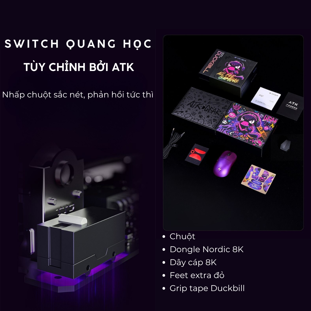 Chuột Gaming Không Dây ATK Duckbill Ultra PAW3950 Ultra, Nordic 54H20, 8000Hz