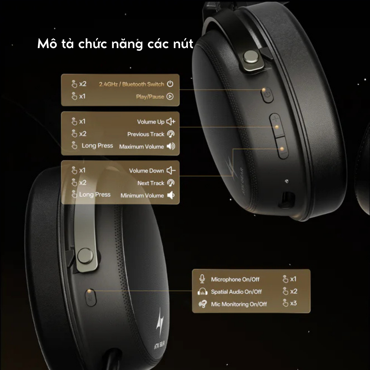 Tai Nghe Gaming Không Dây ATK Neptune N9, Driver Phủ TITAN 53mm, Tần Số 10Hz – 40kHz, Âm thanh không gian 3D, Độ Trễ Thấp 10ms, Khử Ồn Đàm Thoại, Pin 1500mAh(130h), Trọng Lượng 270g