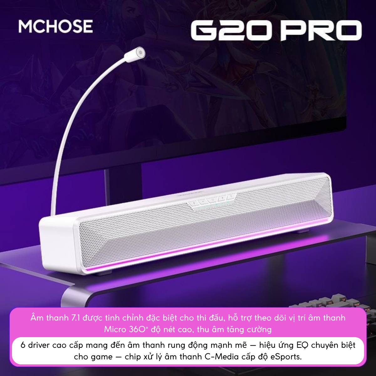 Loa Soundbar Gaming MCHOSE G20 Pro – Âm Thanh Vòm 7.1, Micro Tháo Rời, Đèn RGB Nhịp Nhạc