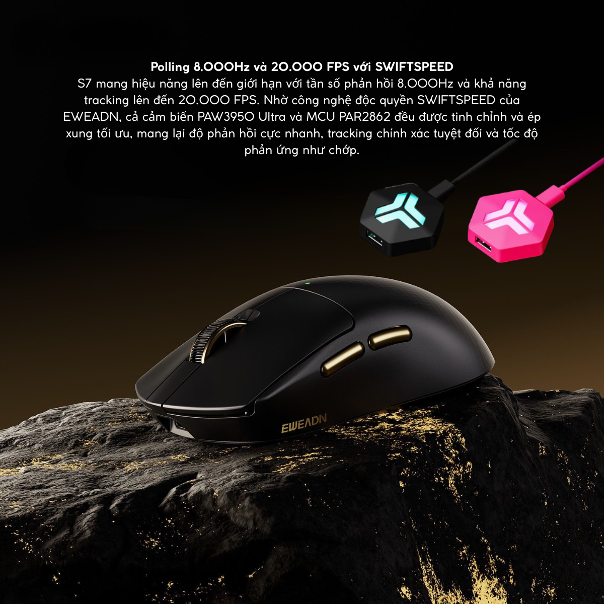 Chuột Gaming Không Dây Eweadn S7 Series, PAW 3950, PAR2862, Polling rate 8K, Pin 800mAh, Lớp phủ Nano Ice Skin