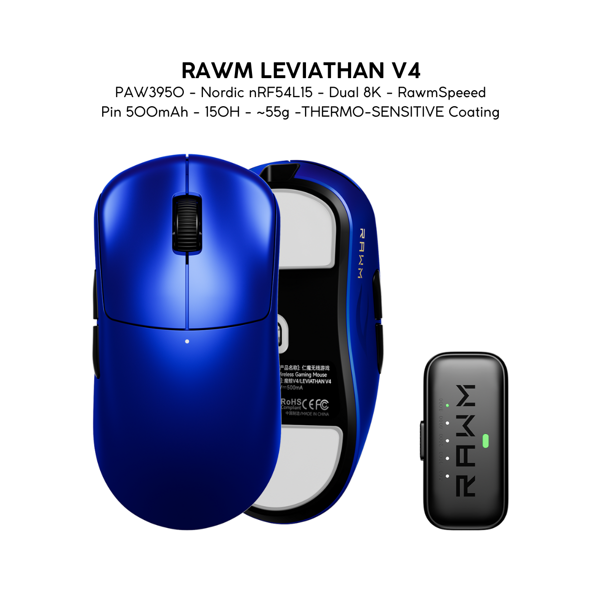 Chuột Gaming Không Dây RAWM Leviathan V4, Cảm Biến PAW3950, Nordic nRF54L15, Dual 8K, RawmSpeeed, Pin 500mAh, 150H, ~55g, Lớp Phủ THERMO-SENSITIVE