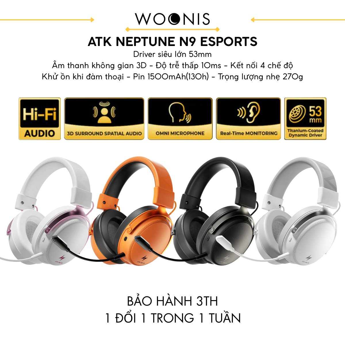 Tai Nghe Gaming Không Dây ATK Neptune N9, Driver Phủ TITAN 53mm, Tần Số 10Hz – 40kHz, Âm thanh không gian 3D, Độ Trễ Thấp 10ms, Khử Ồn Đàm Thoại, Pin 1500mAh(130h), Trọng Lượng 270g