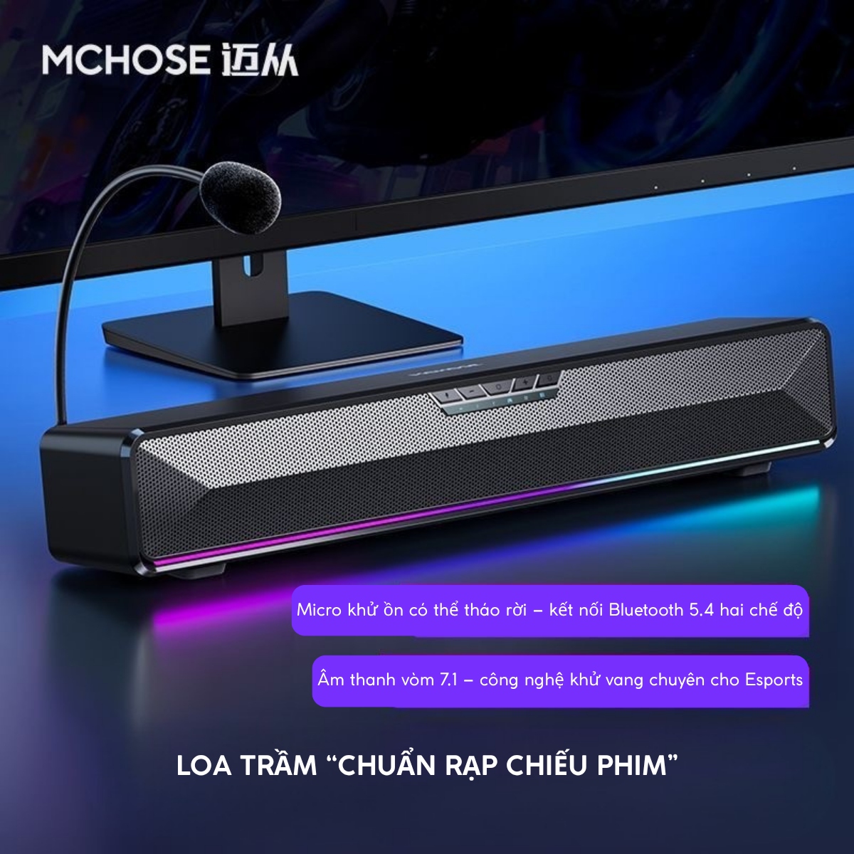Loa Soundbar Gaming MCHOSE G20 Pro – Âm Thanh Vòm 7.1, Micro Tháo Rời, Đèn RGB Nhịp Nhạc
