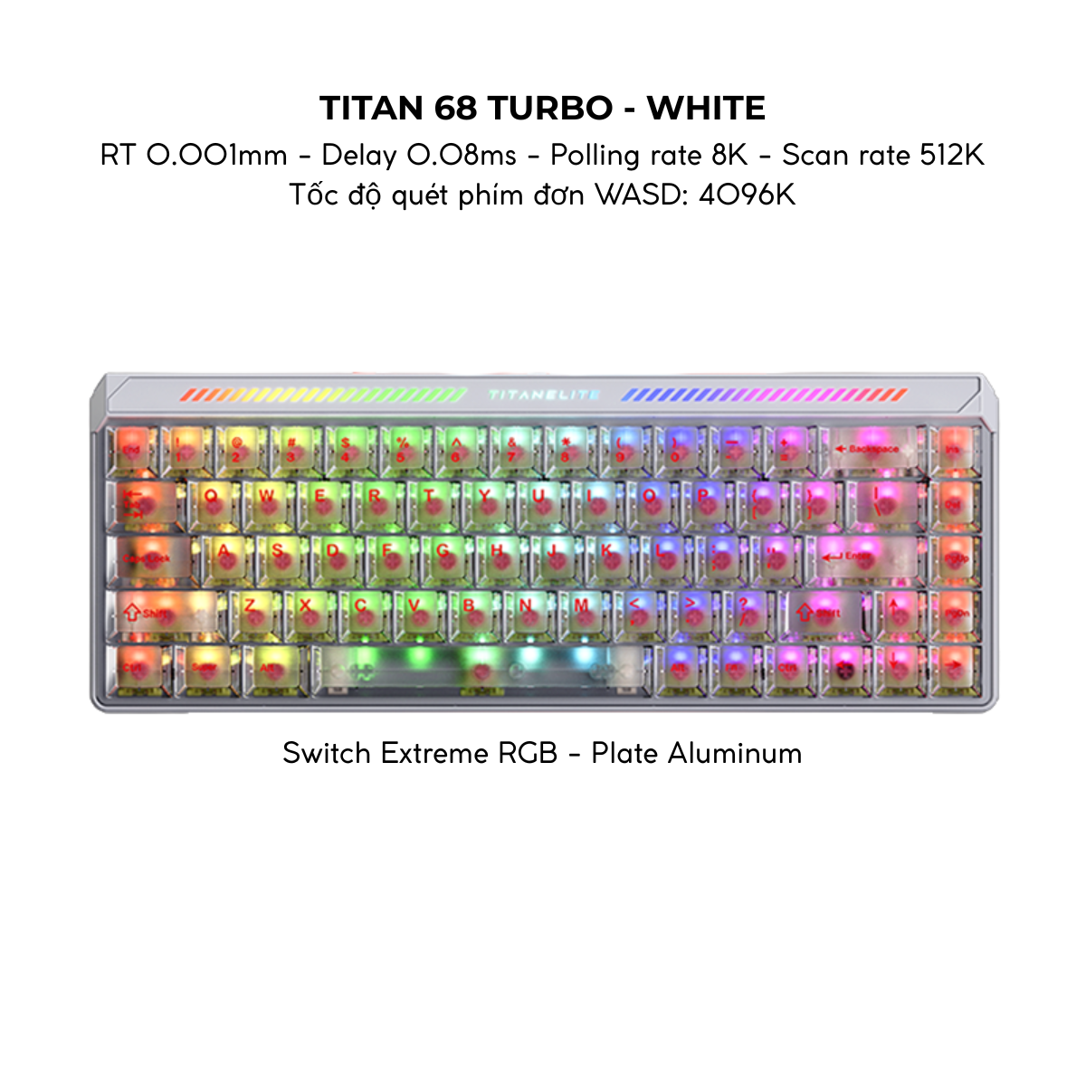 BÀN PHÍM GAMING HE MAD TITAN68 TURBO, Polling Rate 8K, Độ Chính Xác 0.001mm, Scan Rate 512K, Độ Trễ 0.08ms, RGB 16.8 triệu màu, Tốc độ quét phím đơn WASD 4096K