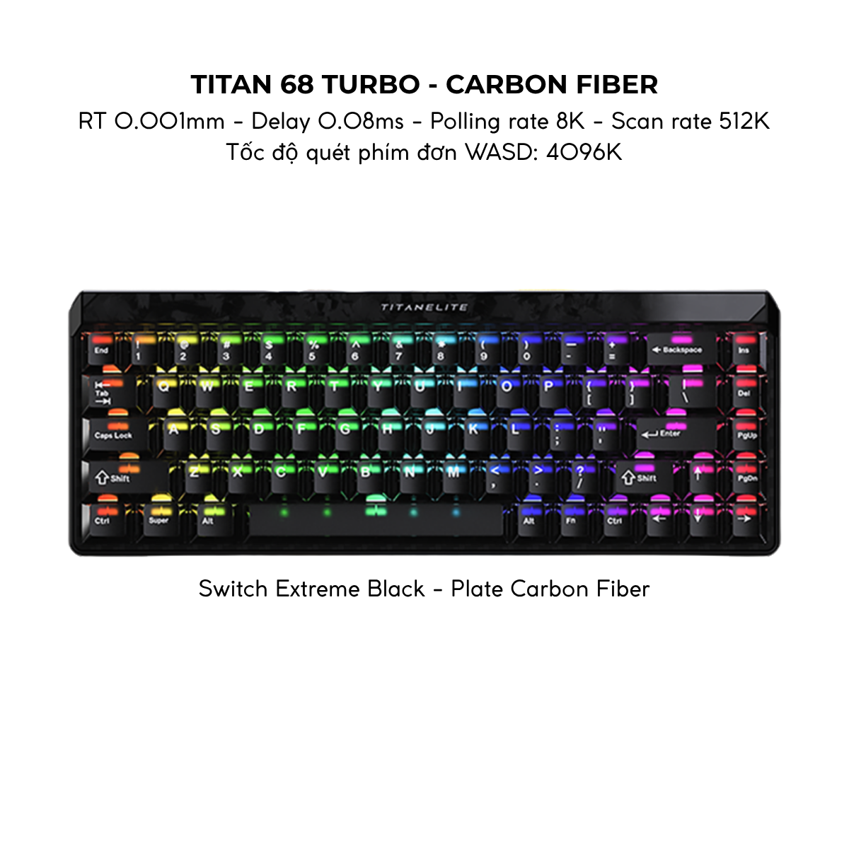 BÀN PHÍM GAMING HE MAD TITAN68 TURBO, Polling Rate 8K, Độ Chính Xác 0.001mm, Scan Rate 512K, Độ Trễ 0.08ms, RGB 16.8 triệu màu, Tốc độ quét phím đơn WASD 4096K