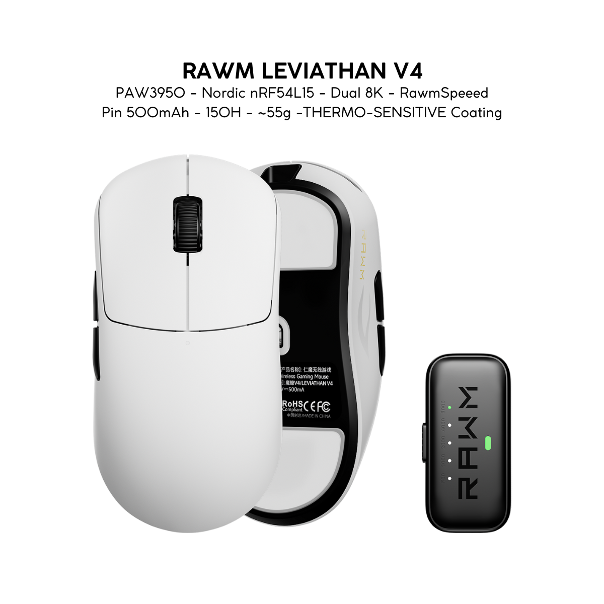 Chuột Gaming Không Dây RAWM Leviathan V4, Cảm Biến PAW3950, Nordic nRF54L15, Dual 8K, RawmSpeeed, Pin 500mAh, 150H, ~55g, Lớp Phủ THERMO-SENSITIVE