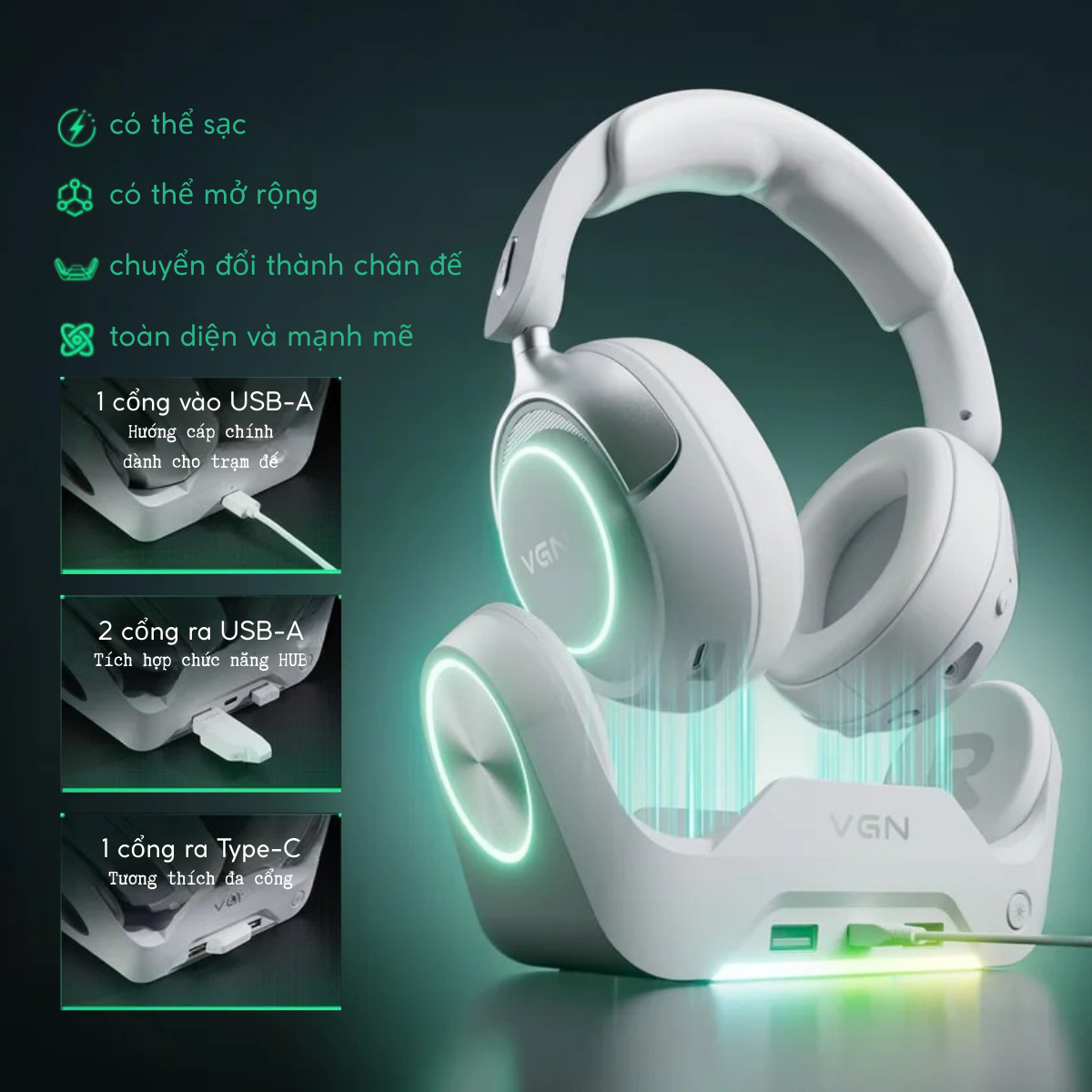 Tai Nghe Gaming Không Dây Đế Sạc VGN ZHOUTING PRO/PROMAX Driver dynamic 53mm, Xoay 90°, PIN 2000MAH, 120H Phạm vi 40m, V-SpeedX