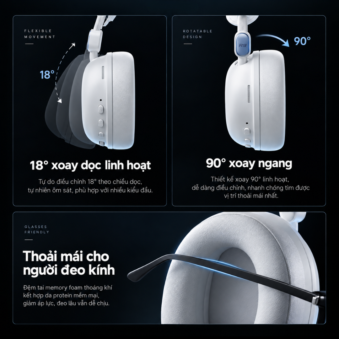 Khớp xoay và đệm tai thân thiện với người đeo kính trên MCHOSE R9