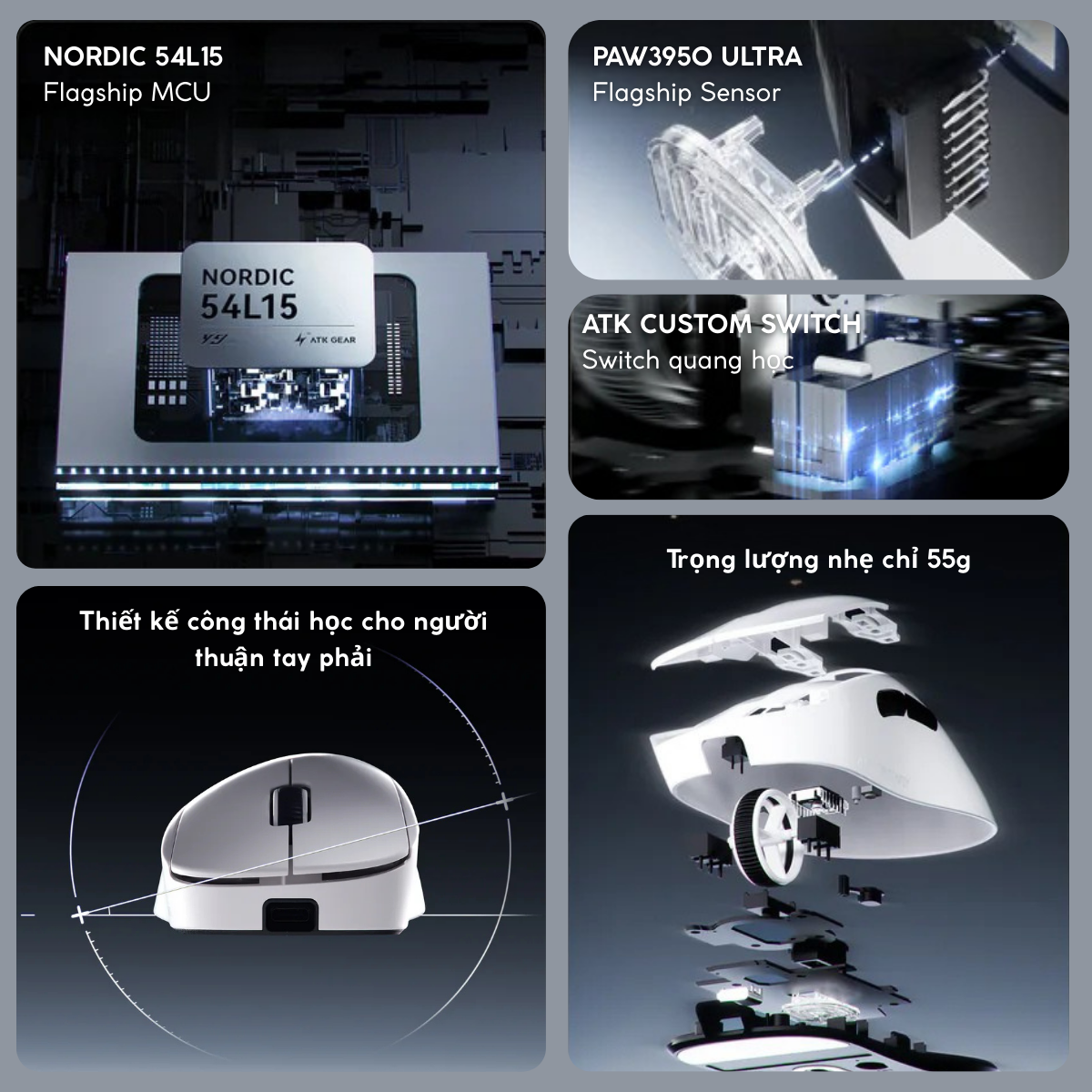 Chuột Gaming Không Dây ATK Dragonfly Y9 Series, PAW3950 Ultra, Nordic 54L15, ApexShark MAX, Pin 800mAh , 800H, ~55g, Dongle GEM 8K