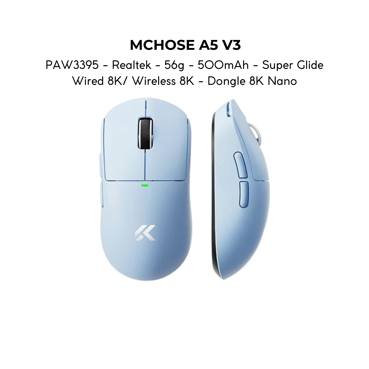 Chuột Gaming Không Dây MCHOSE A5 V3, PAW3395, MCU Realtek, Lớp Phủ Super Glide, Dual 8K