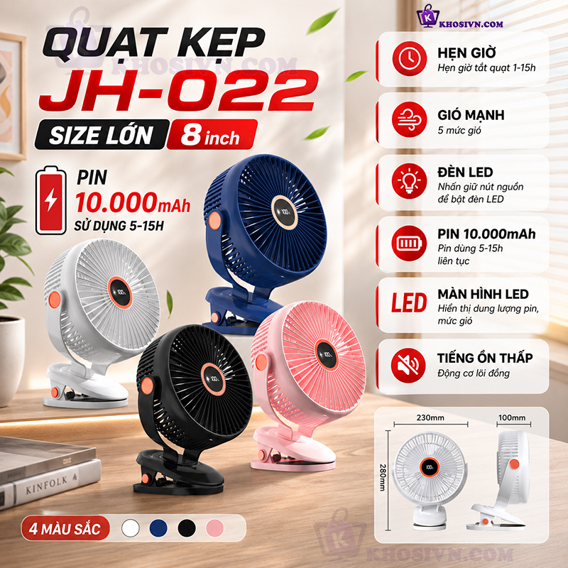 Tại Sao Bạn Nên Mua Quạt Kẹp Bàn Tích Điện Kích Thước Lớn 8inch Thiết Kế Hiện Đại Có Màn Hình LED 5 Cấp Độ Gió JH-022 Tại Khosivn?