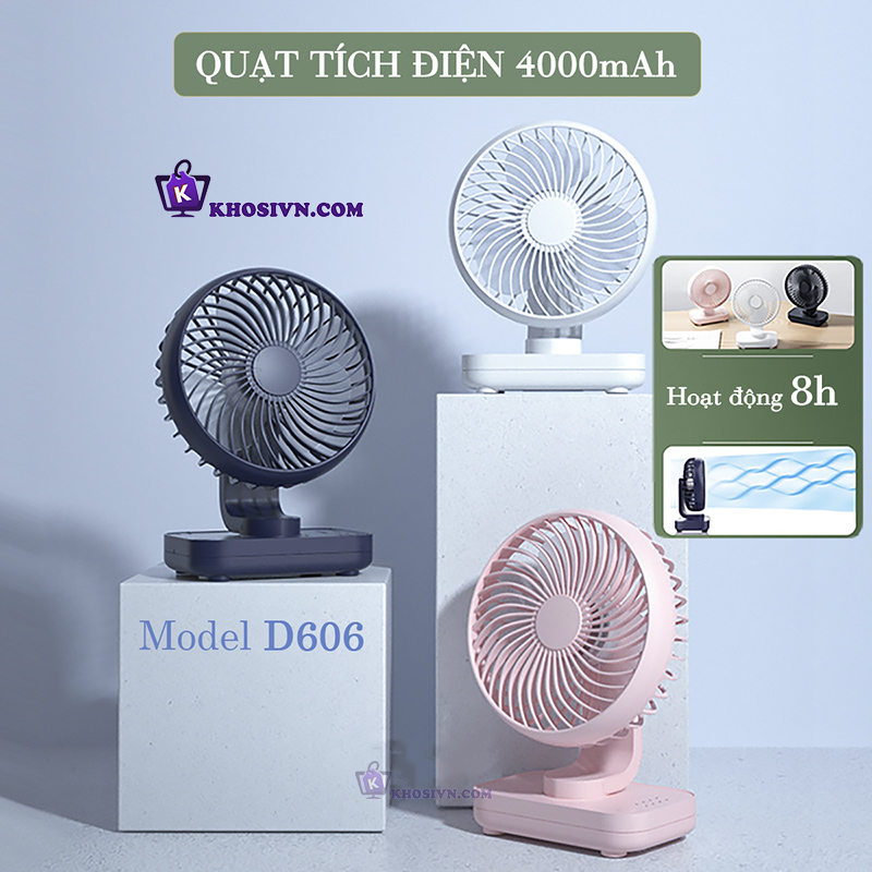Quạt Tích Điện Mini 4000mAh Quạt Để Bàn 4 Tốc Độ Gió Pin Sạc Chạy Êm D606