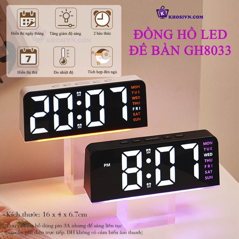 Đồng Hồ LED Decor Để Bàn Để Phòng, Đồng Hồ Tích Hợp Đèn Ngủ Có Báo Thức Nhiệt Độ - GH8033