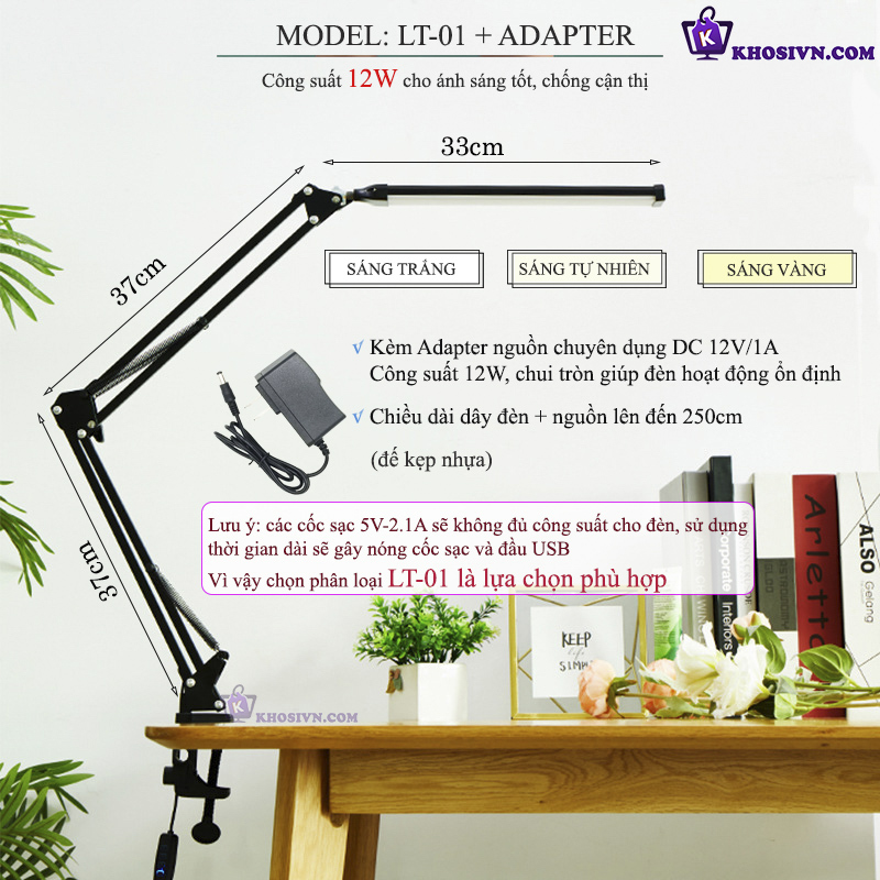 Đèn LED Kẹp Bàn 12W Cỡ Lớn 3 Màu Ánh Sáng LT-01