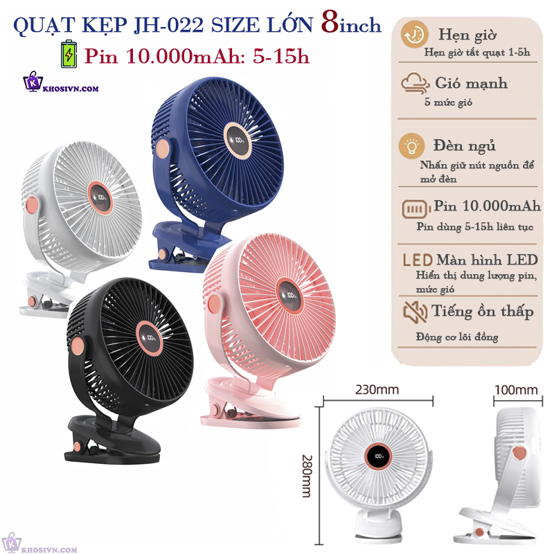 Quạt Tích Điện Kẹp Bàn, Kẹp Xe Đẩy, Để Bàn Size Lớn 8inch Pin 10.000mAh Xoay 720 độ JH-022