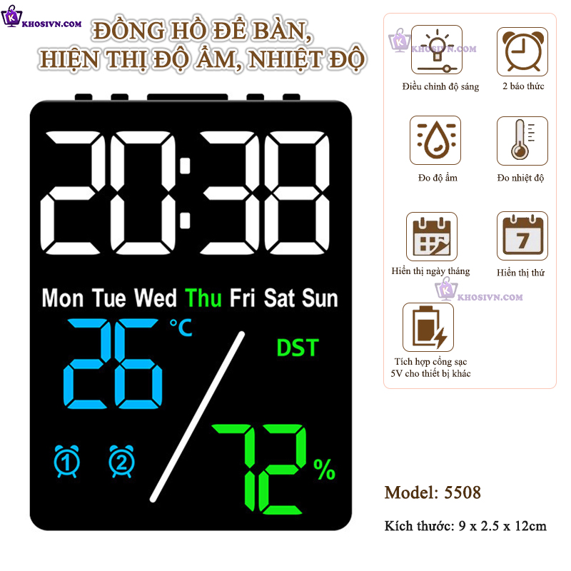 Đồng Hồ LED Decor Để Bàn Hiển Thị Nhiệt Độ, Độ Ẩm, Báo Thức - 5508