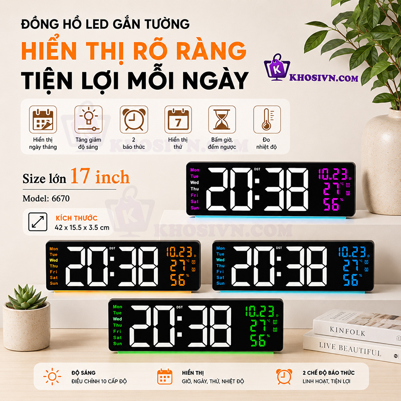 Đồng Hồ LED Điện Tử Decor 17 inch Kích Thước Lớn Găn Tường Treo Tường Có Remote Bấm Giờ Đếm Ngược - 6670