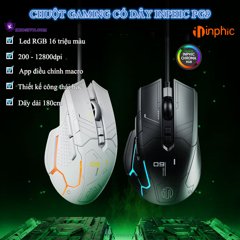 Chuột Gaming Inphic Có Dây Cao Cấp LED RGB 16 Triệu Màu 12800dpi Có App Macro Điều Chỉnh Chuột - Inphic PG9