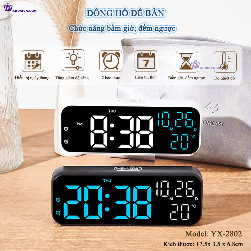 Đồng Hồ LED Digital Decor Để Bàn Báo Thức Hiển Thị Thời Gian Nhiệt Độ Chức Năng Đếm Ngược - YX-2802