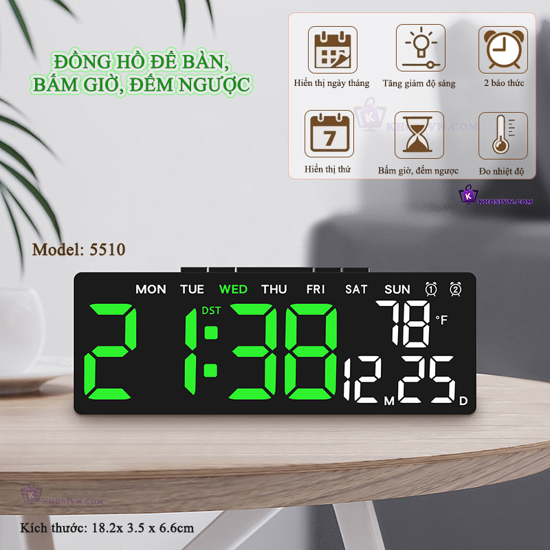Đồng Hồ LED Digital Decor Báo Thức Để Bàn Hiển Thị Thời Gian Nhiệt Độ Chức Năng Đếm Ngược - 5510