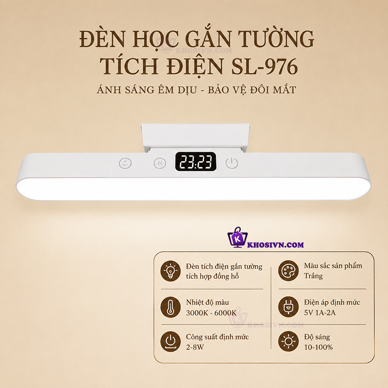 Đèn Học Tích Điện Gắn Tường 3 Màu Ánh Sáng Chống Cận Tích Hợp Đồng Hồ LED Xoay 80 Độ SL-976