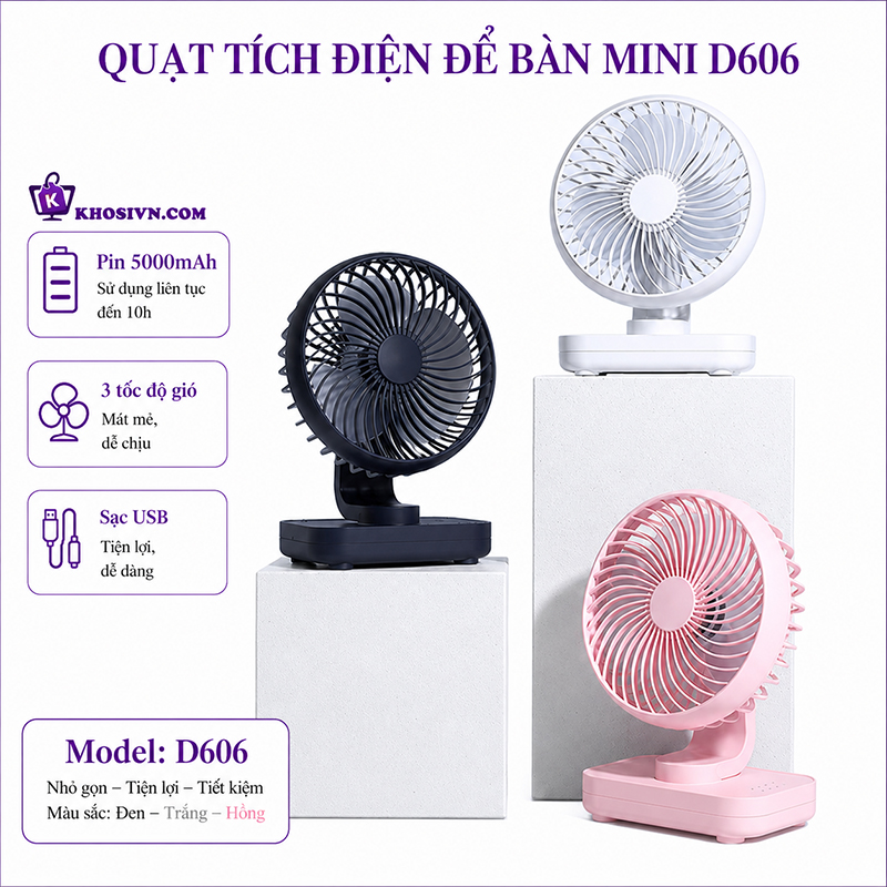 Quạt Để Bàn Văn Phòng Tích Điện Mini 4 Chế Độ Gió Pin trâu 5000mAh Tiện Lợi D606