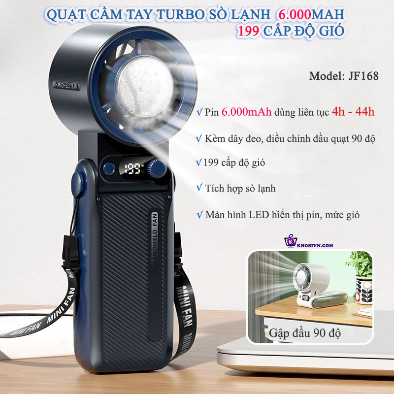 Địa Chỉ Mua Sỉ Quạt Cầm Tay Turbo Pin Trâu Gió Mạnh 199 Cấp Độ Gió 6000mAh JF168 Tại TPHCM