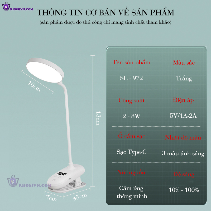 Thông Số Đèn Tích Điện Kẹp Bàn Pin Sạc 2000mAh 3 Màu Ánh Sáng SL-972