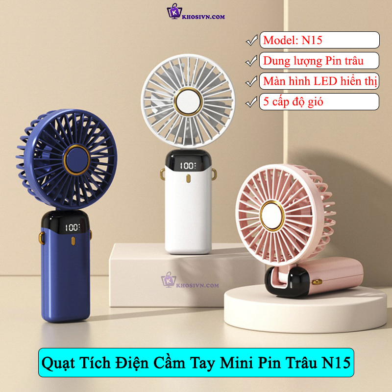 Quạt Cầm Tay Tích Điện Mini Sạc Điện Pin Trâu Đeo Cổ 5 Cấp Độ Gió Có Màn Hình LED - N15