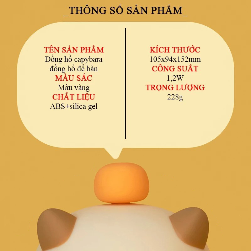 Thông Số Kỹ Thuật Của Đồng Hồ Báo Thức Capybara Tích Hợp Đèn Ngủ Có Thể Sạc Lại, Hiển Thị Đồng Hồ LED