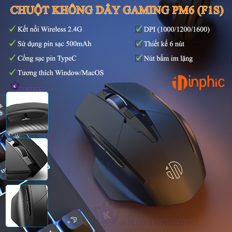 Chuột Gaming Inphic Không Dây Cho Máy Tính Văn Phòng 2.4G Thiết Kế Công Thái Học - Inphic PM6 (F1S)