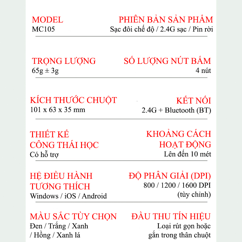 Thông Số Kỹ Thuật Của Chuột Gaming Không Dây Bluetooth 2.4G Nút Bấm Silent  MC105