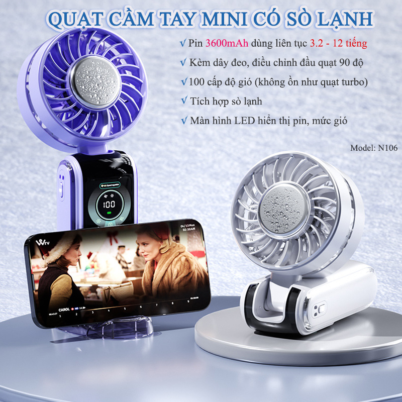 Quạt Cầm Tay Mini Tích Điện Có Sò Lạnh Kèm Dây Đeo Cổ Hoạt Động Êm N106