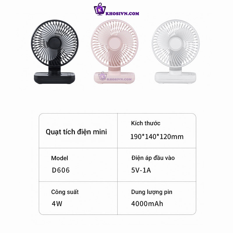 Thông Số Kỹ Thuật Quạt Để Bàn Văn Phòng Tích Điện Mini - D606