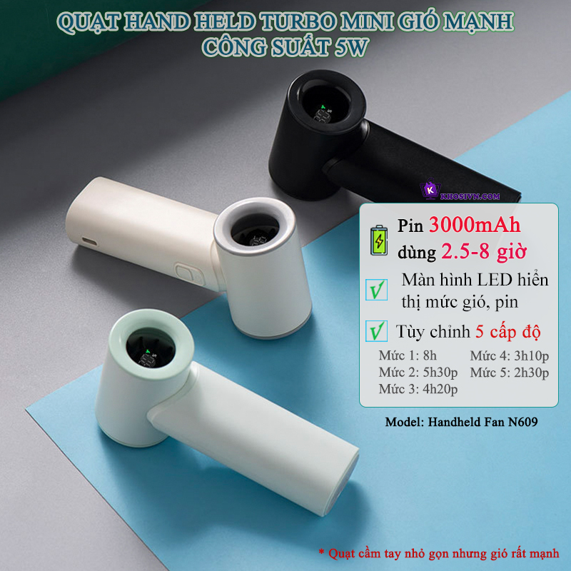 Quạt Turbo Cầm Tay Mini Tích Điện Gió Siêu Mạnh N609