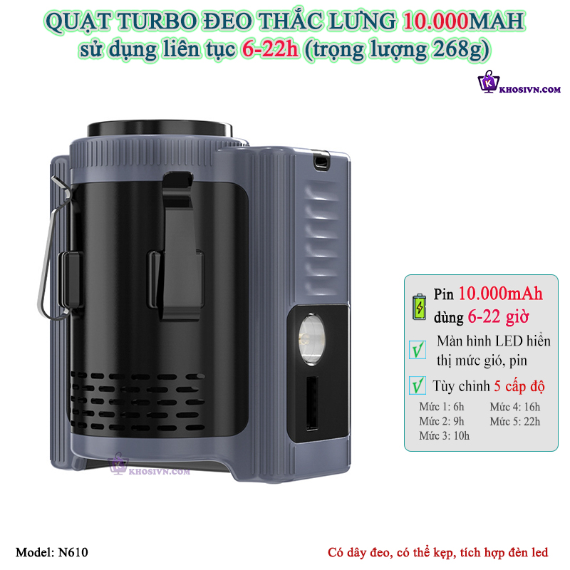 Địa Chỉ Mua Sỉ Quạt Turbo Đeo Thắc Lưng, Quạt Đeo Hông Làm Mát Pin Trâu 10.000mAh Có Đèn LED - N610 Tại TPHCM - Khosivn.com