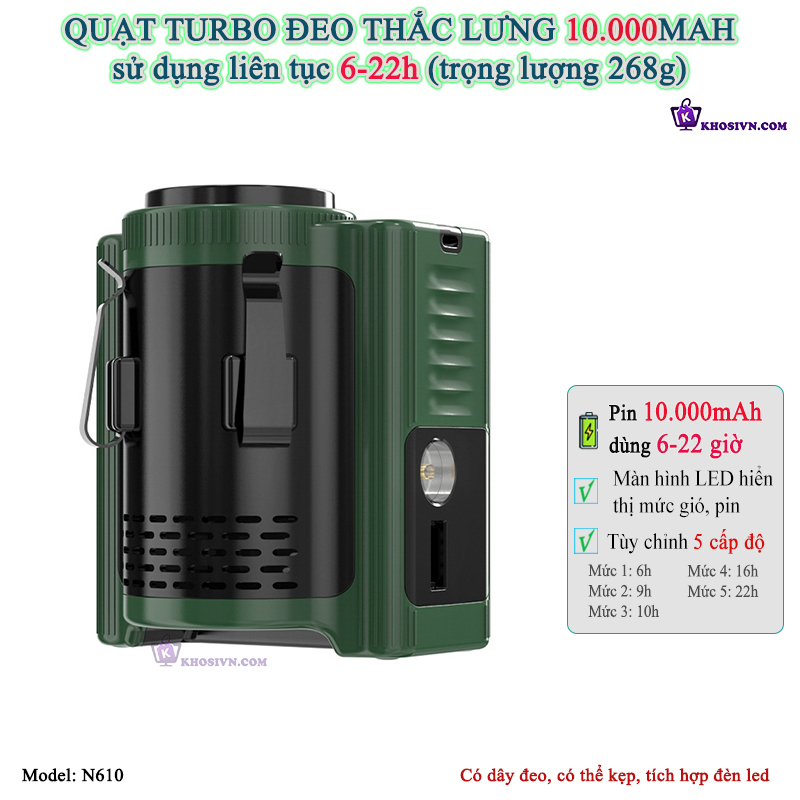 Địa Chỉ Mua Sỉ Quạt Turbo Đeo Thắc Lưng, Quạt Đeo Hông Làm Mát Pin Trâu 10.000mAh Có Đèn LED - N610 Tại TPHCM - Khosivn.com