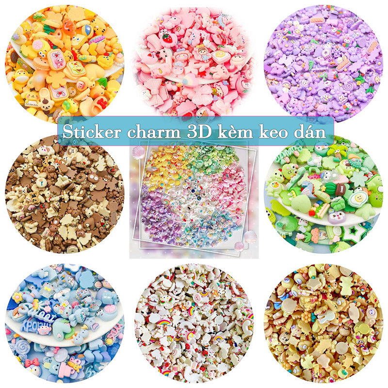 Set Charm 3D Dễ Thương Cute , Sticker 3D Nổi Chọn Màu Kèm Keo Dán Phụ Kiện - Sticker 3D