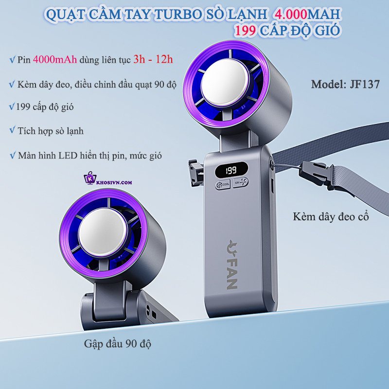 Địa Chỉ Mua Sỉ Quạt Cầm Tay Tích Điện Mini Gió Mạnh Turbo Tích Hợp Sò Lạnh JF137 Tại TPHCM