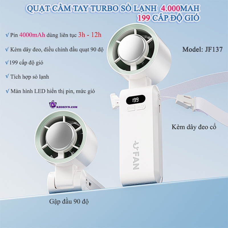Địa Chỉ Mua Sỉ Quạt Cầm Tay Tích Điện Mini Gió Mạnh Turbo Tích Hợp Sò Lạnh JF137 Tại TPHCM