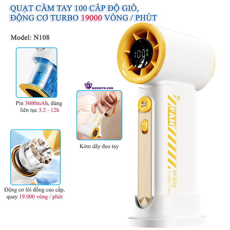 Địa Chỉ Mua Sỉ Quạt Turbo Cầm Tay Mini Gió Mạnh 10m/s Quay 19000 vòng/phút 100 Cấp Độ Gió N108 Tại TPHCM