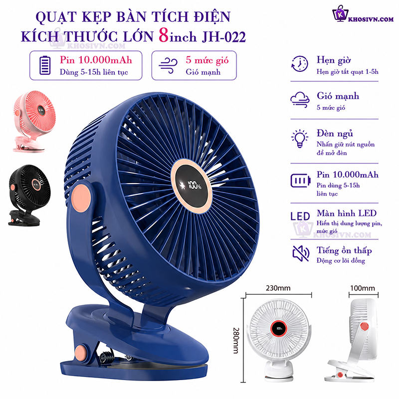 Quạt Kẹp Bàn Tích Điện Kích Thước Lớn 8inch Thiết Kế Hiện Đại Có Màn Hình LED 5 Cấp Độ Gió JH-022