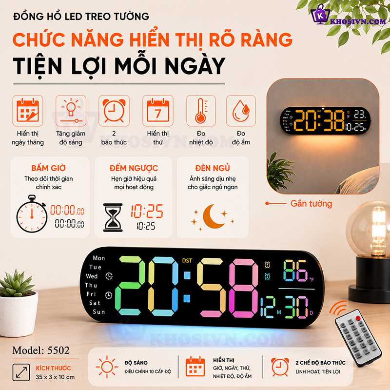 Đồng Hồ LED RGB Gắn Tường, Đồng Hồ Treo Tường Phòng Ngủ Phòng Khách Có Đèn Ngủ Báo Thức, Đếm Ngược - 5502