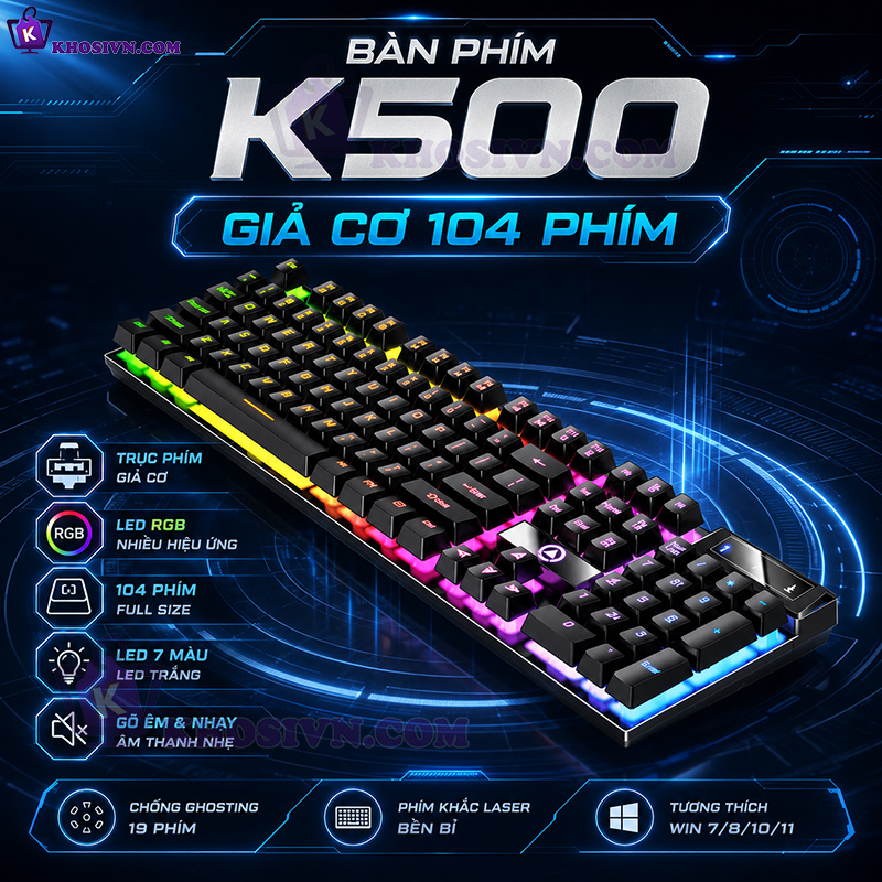 Bàn Phím Có Dây Vi Tính Giả Cơ Gaming Có Dây Đèn LED RGB - K500