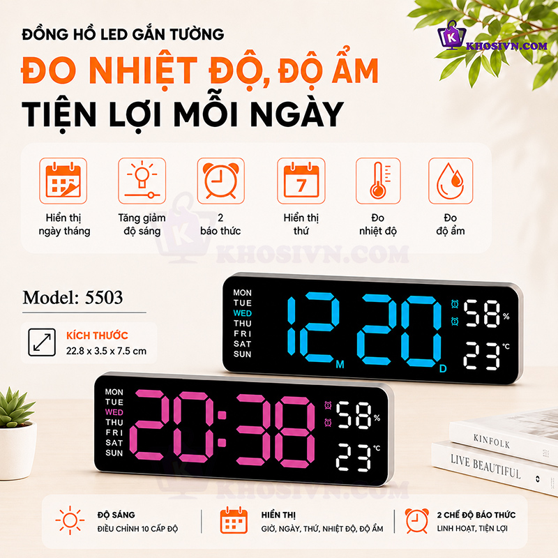 Đồng Hồ LED Để Bàn Decor, Đồng Hồ Báo Thức Để Bàn Hiển Thị Thời Gian Nhiệt Độ - 5503
