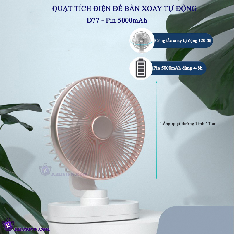 Quạt Để Bàn Văn Phòng Mini Tích Điện Xoay Được Pin Sạc 5000mAh Gió Mạnh - D77
