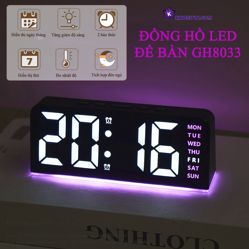 Đồng Hồ LED Decor Để Bàn Để Phòng, Đồng Hồ Tích Hợp Đèn Ngủ Có Báo Thức Nhiệt Độ - GH8033