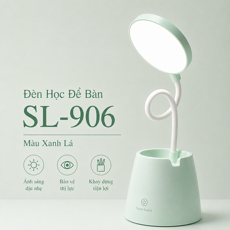 Đèn Học Tích Điện Để Bàn Sử Dụng LED Chống Cận 3 Màu Ánh Sáng Tích Hợp Ngăn Chứa Đồ SL-906