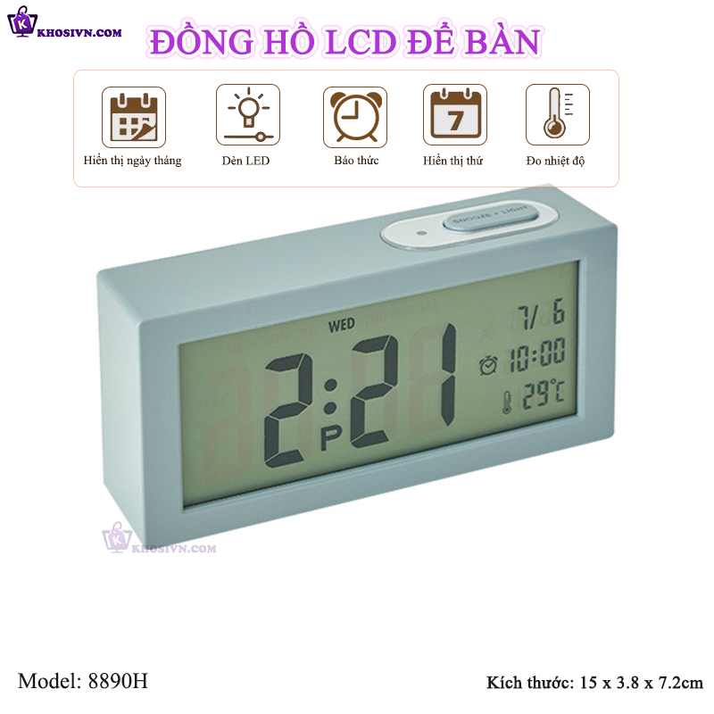 Đồng Hồ LED Để Bàn Màn Hình LCD Báo Thức Hiển Thị Nhiệt Độ Ngày Tháng - 8890H